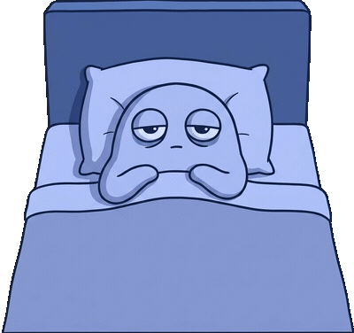 Tired character lying awake in bed